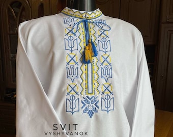 Zelensky's Embroidered cotton shirt, military shirt, shirt with trident, Mens white vyshyvanka, shirts Traditional clothing, Ethnic shirts