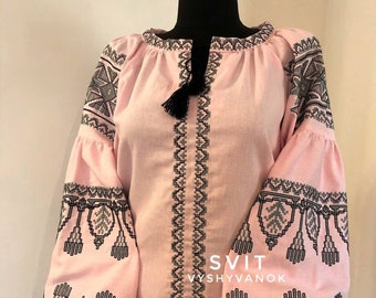 Embroidered Linen Blouse: Pink Vyshyvanka, Bohemian Ethnic Shirt Sizes S–5XL