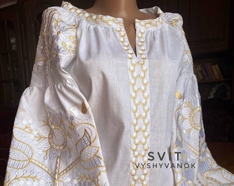 Embroidered Blouse with White and Gold Thread Detailing, bright blouse White blouse Flower shirt Clothing Boho,linen wear, gift for her