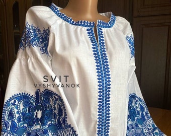 Embroidered Blouse with Blue Thread Detailing, bright blouse White blouse Casual shirt Clothing Boho,linen wear, gift for her