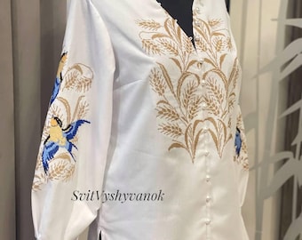Embroidered Linen White Blouse: White Boho Top with Bird & Wheat Design Sizes S–5XL