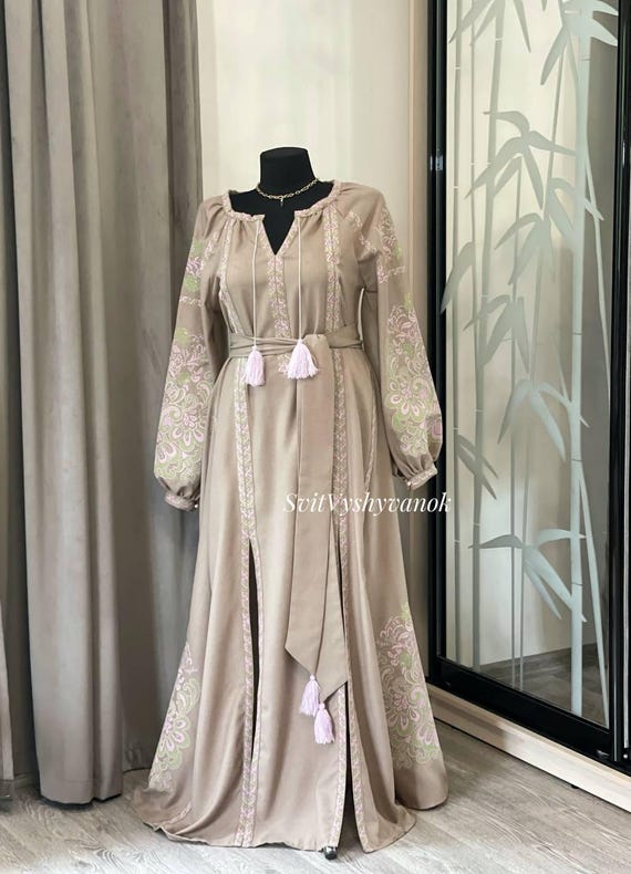 Mocha Color Embroidered Dress//ancient Floral Embroidery//ukrainian Folk  Ethnic Dress//a Delicate Dress//a Gift for Women//summer/dress - Etsy