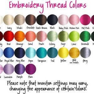 May include: A chart of embroidery thread colours with names for each colour. The colours are arranged in rows and columns. The colours include white, ivory, khaki, chocolate, dark brown, black, baby pink, medium pink, hot pink, fuchsia, burgundy, red, orange, coral, peach, celery, sage, lime, emerald, hunter, baby blue, royal blue, navy blue, aqua, turquoise, teal, yellow, gold, grey, orchid, lavender, purple, and plum.