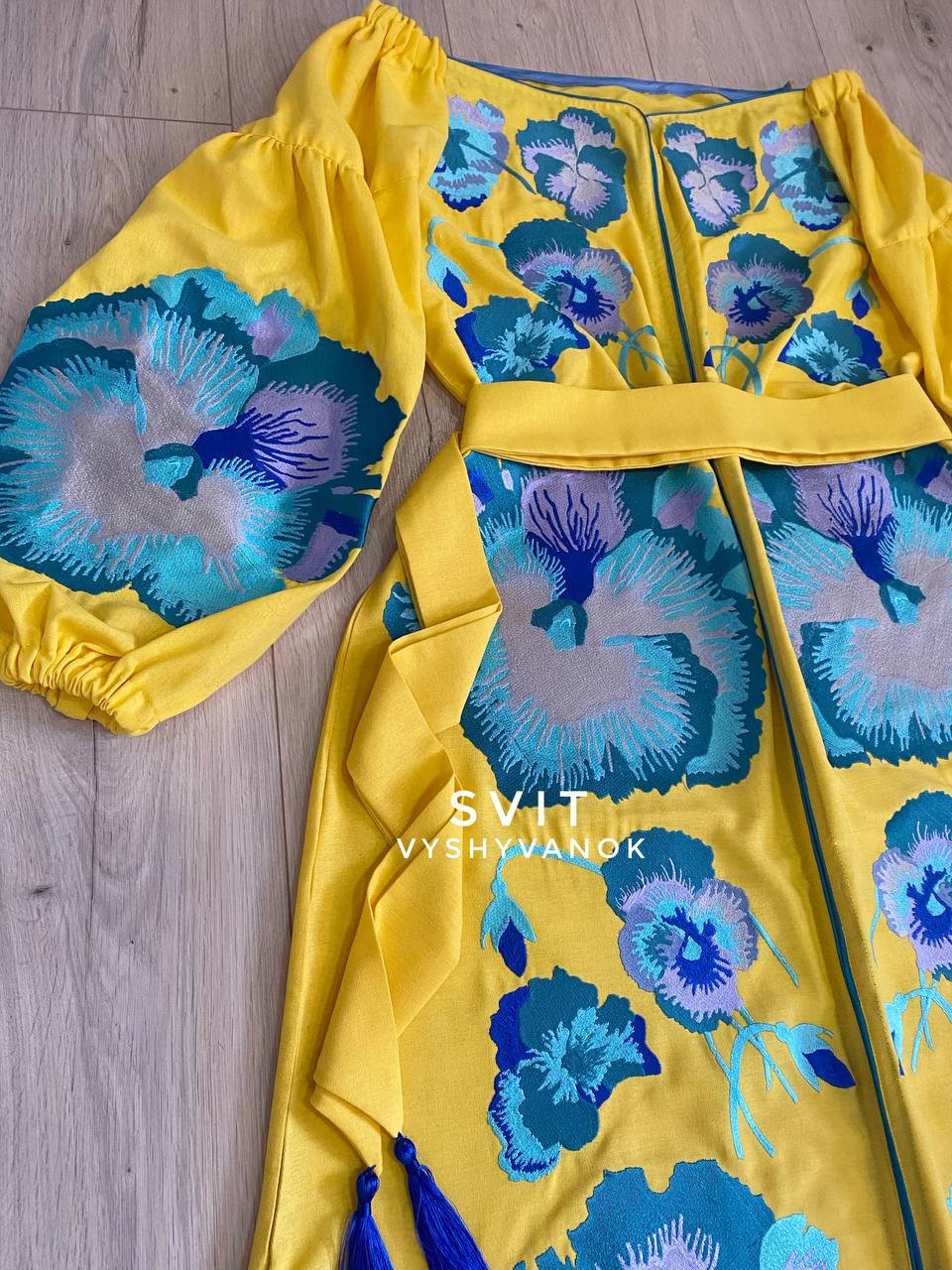 Yellow embroidered linen dress, ukraine pansies flower vyshyvanka, boho chic custom summer traditional national dress, gift