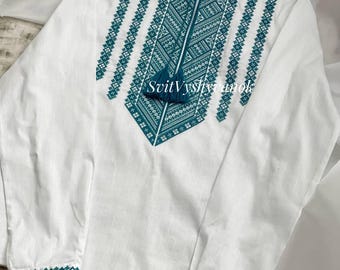 Men’s Ukrainian Embroidered Shirt Vyshyvanka | White Linen Shirt with Blue Cross Stitch | Traditional Slavic Folk Clothing