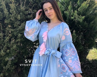 Light Blue Embroidered Linen Mini Dress: Geometric Vyshyvanka Boho Style Sizes S–5XL