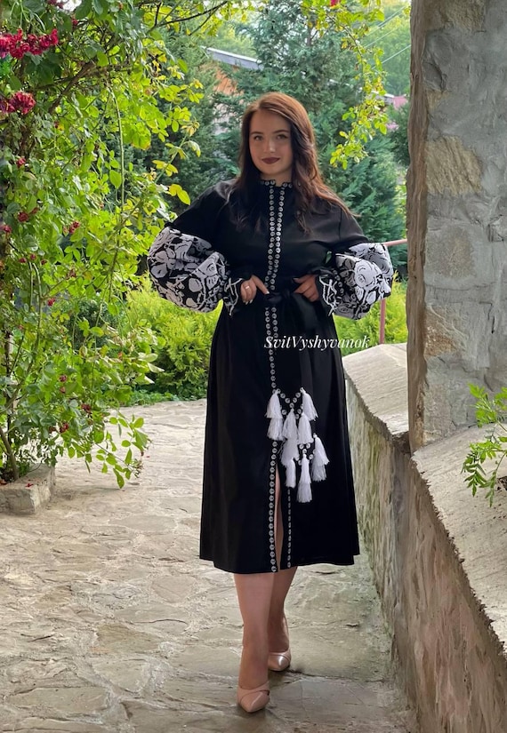 Black Linen Embroidered Midi Dress with White Roses and Hidden Zipper Pockets | Ukrainian Folk Boho Dress | Handmade Vyshyvanka Style