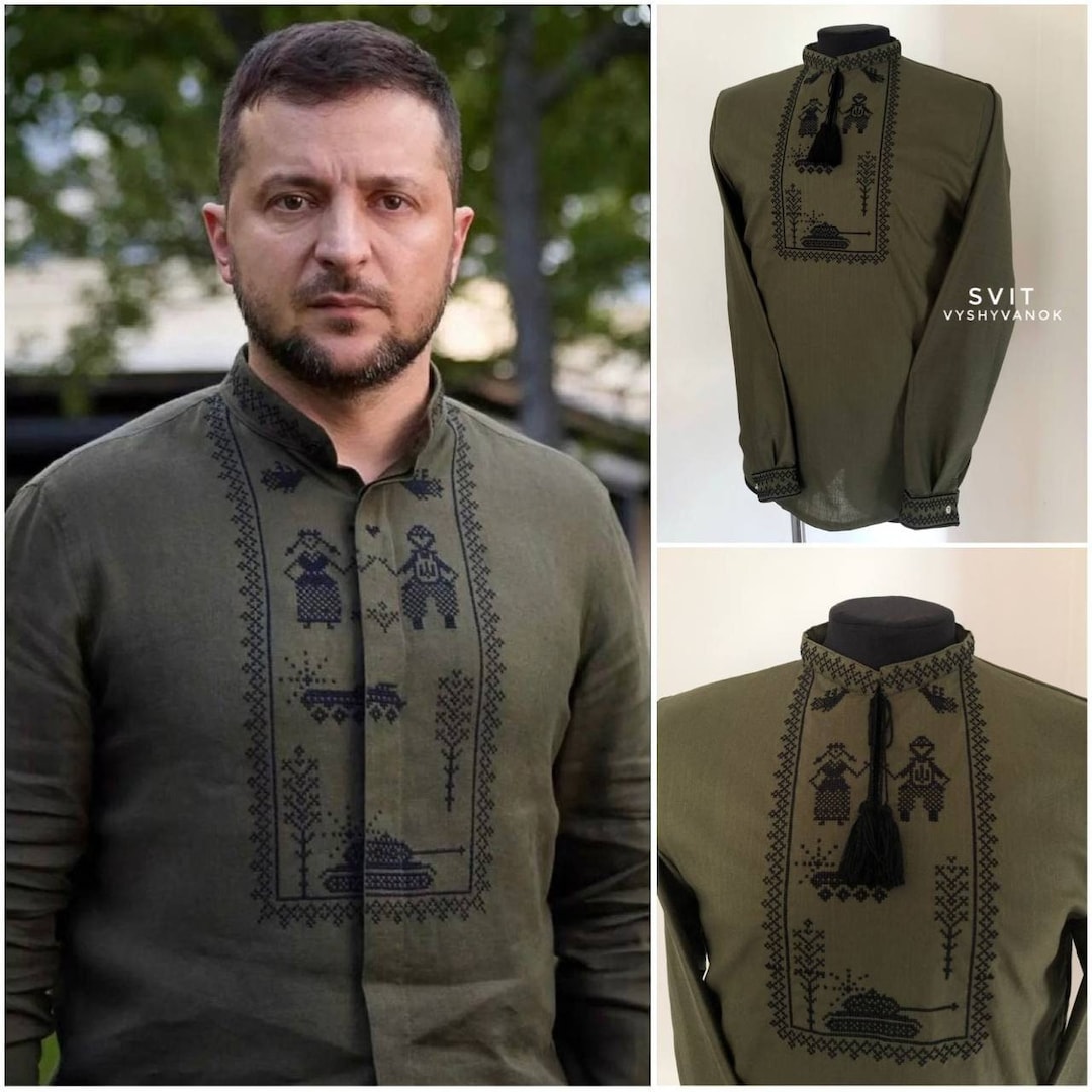 Zelensky's Embroidered Linen Shirt, Military Shirt, Shirt With Tanks