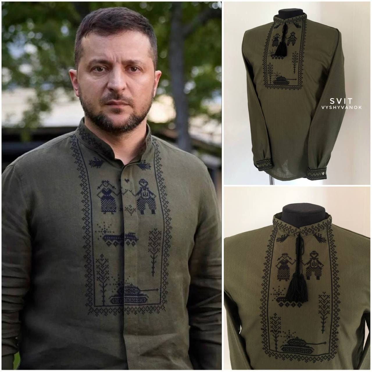 Zelensky's Embroidered Linen Vyshyvanka Shirt: Khaki Military