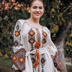 Exquisite Summer Linen Dress with Ukrainian Geometric Embroidery - Unique Ethno-Style, Clothing Boho. Traditional dress. Gift for mom image 2