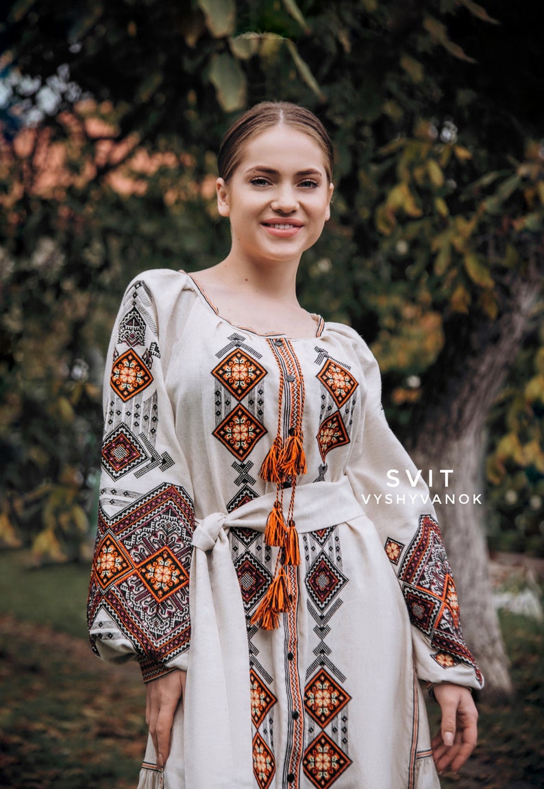 Exquisite Summer Linen Dress with Ukrainian Geometric Embroidery - Unique Ethno-Style, Clothing Boho. Traditional dress. Gift for mom image 2