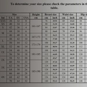 A sizing chart table displaying international, European, UK, and USA sizes alongside height, breast, waist, hip, and sleeve measurements in centimeters and inches, with an outline of a female figure on the left indicating measurement points.