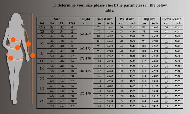 A sizing chart table displaying international, European, UK, and USA sizes alongside height, breast, waist, hip, and sleeve measurements in centimeters and inches, with an outline of a female figure on the left indicating measurement points.