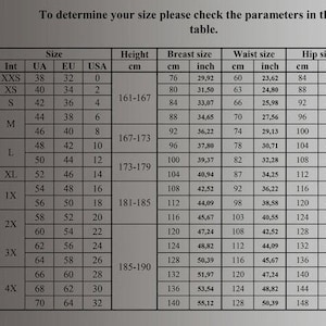 A clothing size chart table displaying measurements in centimeters and inches for various international sizes next to a silhouette of a woman.