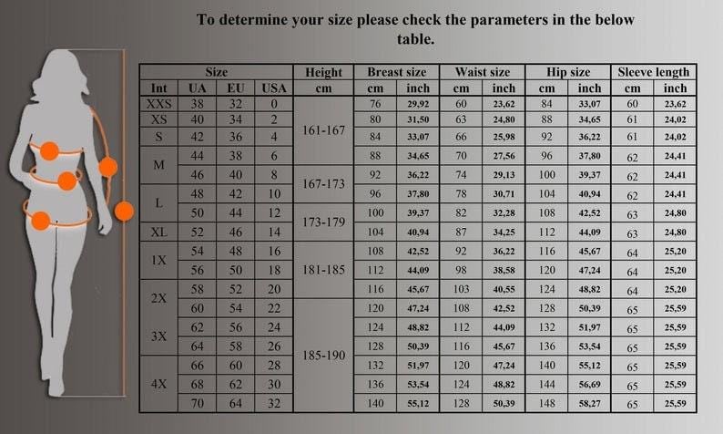 A clothing size chart table displaying measurements in centimeters and inches for various international sizes next to a silhouette of a woman.