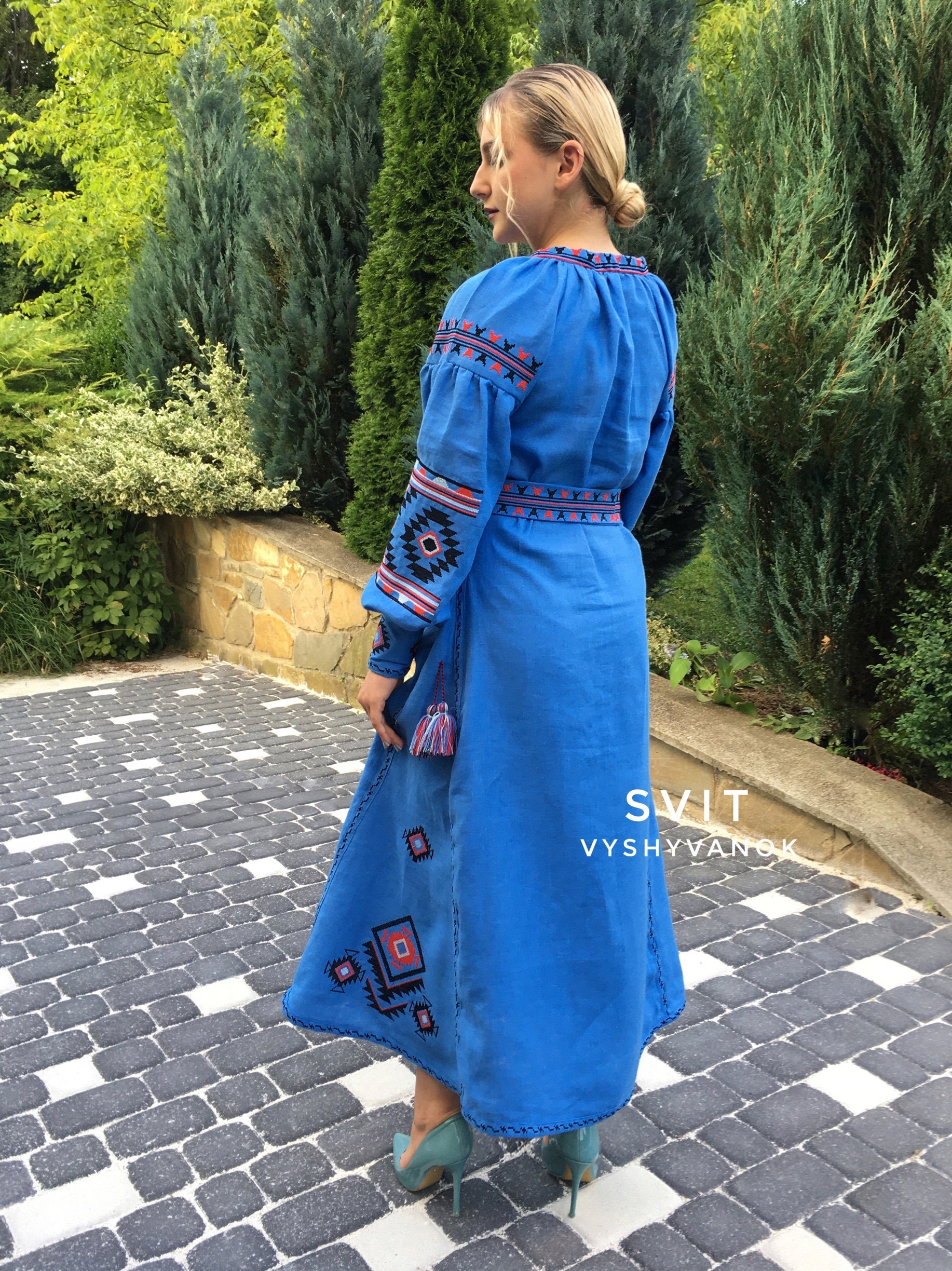 Blue Embroidered Dress Ethnic Ukrainian Folk Dress Natural - Etsy