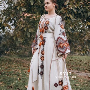 Exquisite Summer Linen Dress with Ukrainian Geometric Embroidery - Unique Ethno-Style, Clothing Boho. Traditional dress. Gift for mom image 5