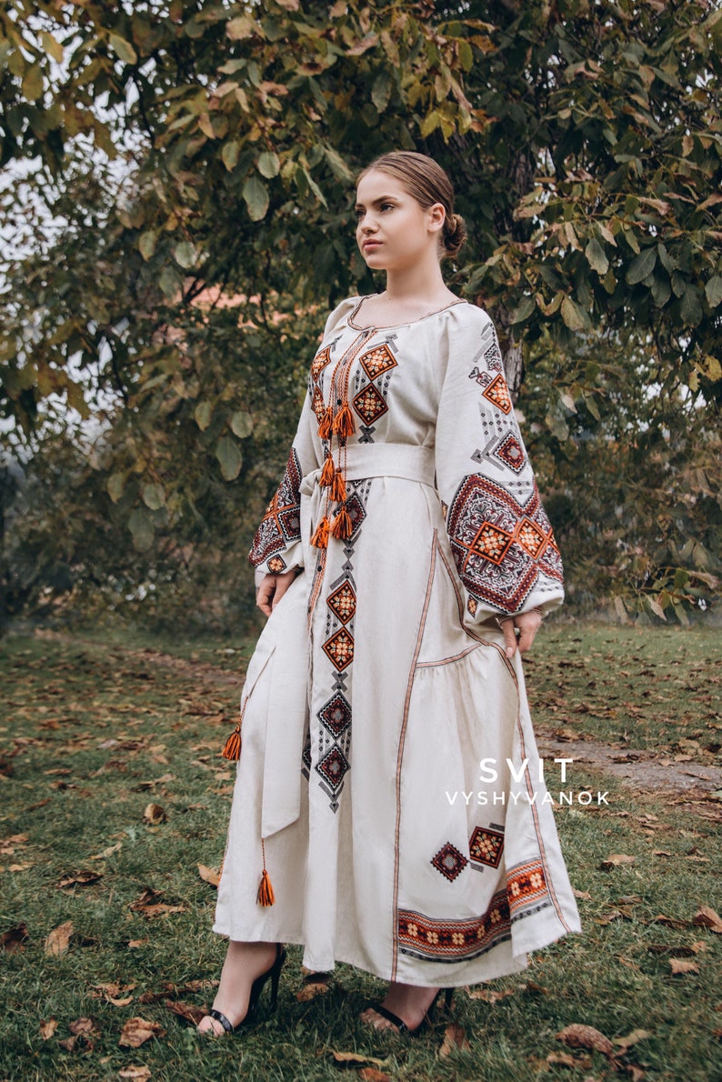 Exquisite Summer Linen Dress with Ukrainian Geometric Embroidery - Unique Ethno-Style, Clothing Boho. Traditional dress. Gift for mom image 5