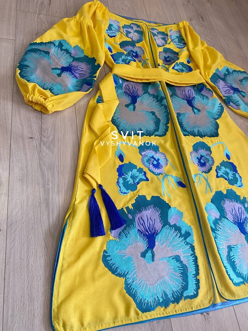 Yellow Embroidered Linen Dress, Ukraine Pansies Flower Vyshyvanka, Boho ...