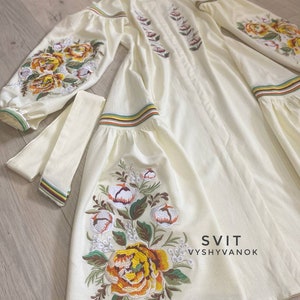 Embroidered Vintage Blouse with yellow peonies, ivory linen, spring flower milk dess Flower Chic Clothing Boho,linen dress, peony blush gift