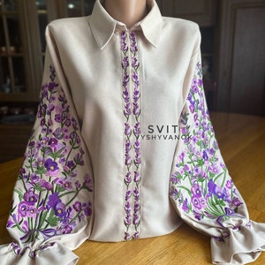 Lavendelfärgad broderad bomullsblus: Boho Vyshyvanka-skjorta Storlekar S–5XL