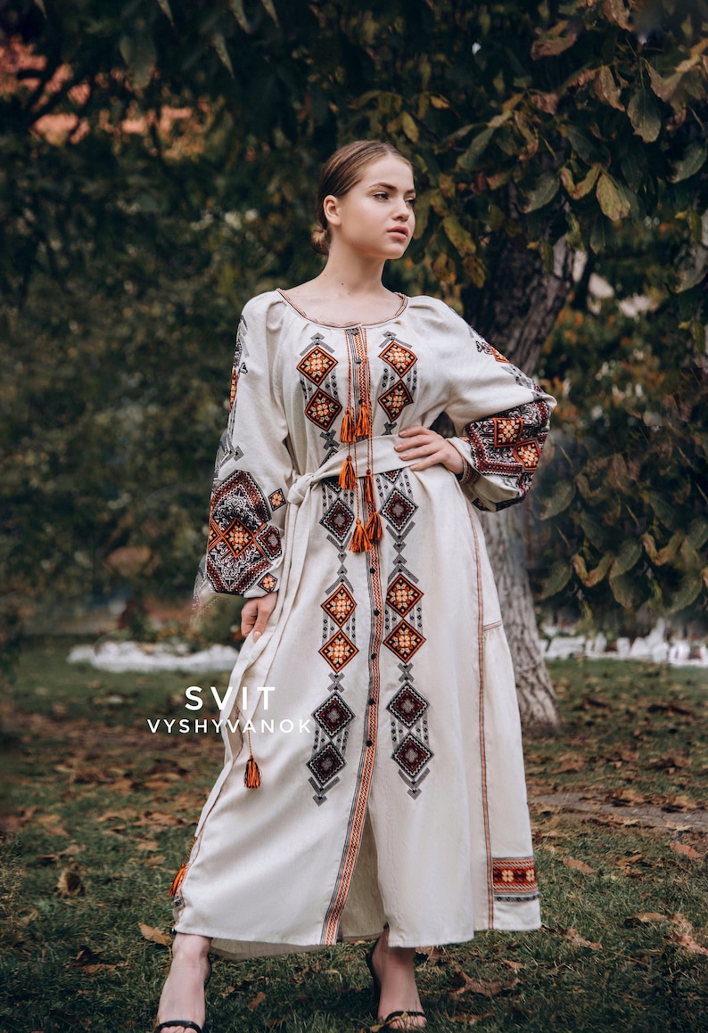 Exquisite Summer Linen Dress with Ukrainian Geometric Embroidery - Unique Ethno-Style, Clothing Boho. Traditional dress. Gift for mom image 1