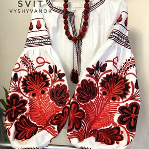 Embroidered Blouse with Red and Black Thread Detailing, bright blouse White blouse Flower shirt Clothing Boho,linen blouse, gift for her