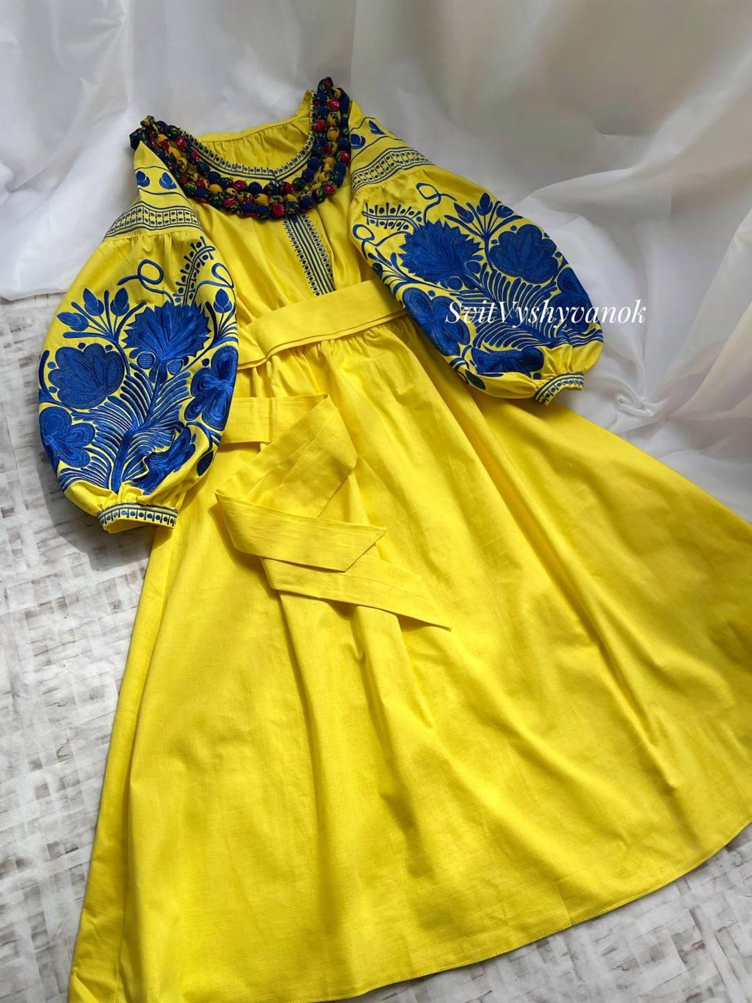 Yellow Ukrainian Embroidered Dress | Vyshyvanka Linen Folk Dress With ...