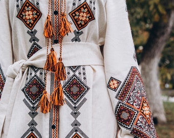 Exquisite Summer Linen Dress With Ukrainian Geometric
