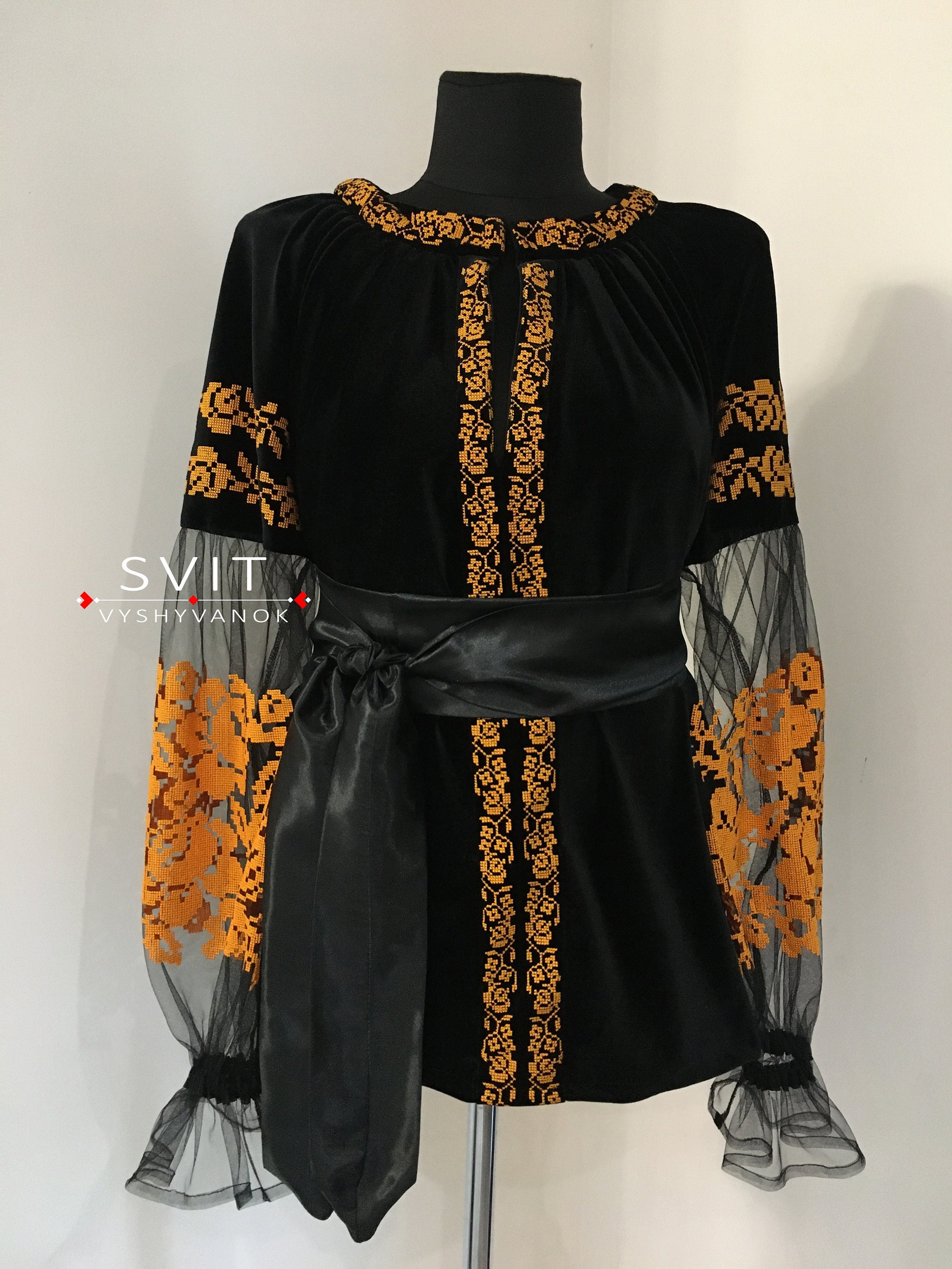 Embroidery Orange Blouse, Black Blouse, Embroidery Red Roses