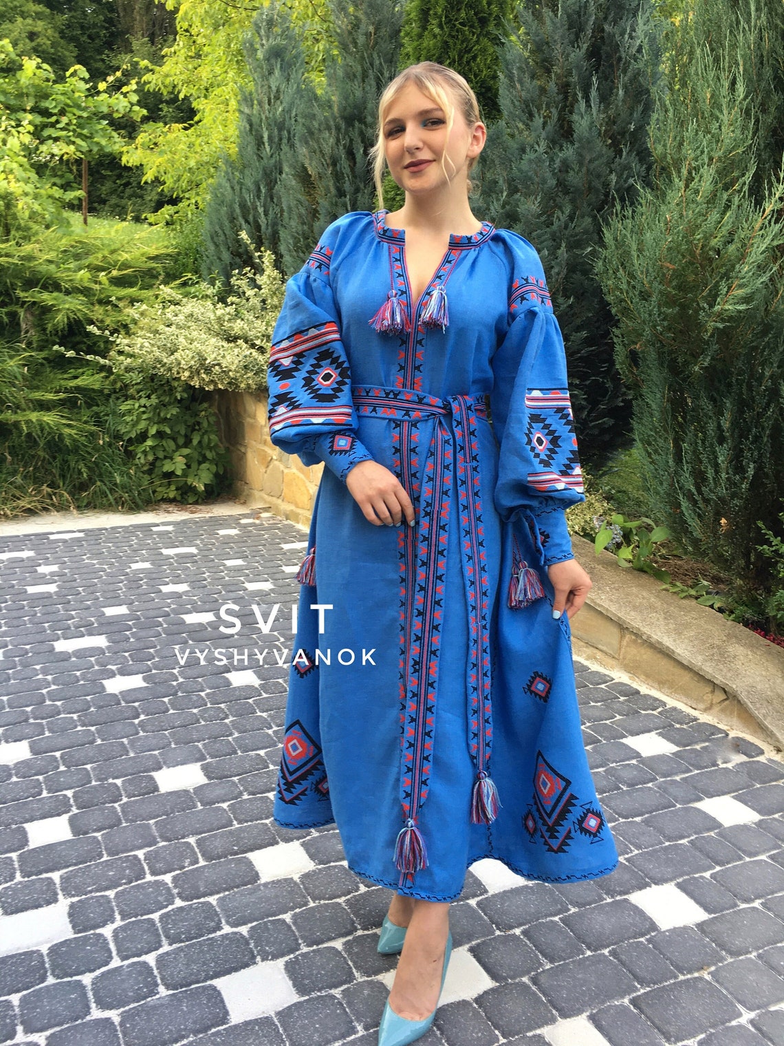 Blue Embroidered Dress Ethnic Ukrainian Folk Dress Natural - Etsy