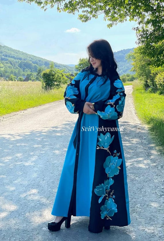 blue flowing beauty embroidered long sleeve midi dress Tamsin Navy Floral Embroidered Midi Dress with Tiered Skirt – Frock and  Frill main image 1