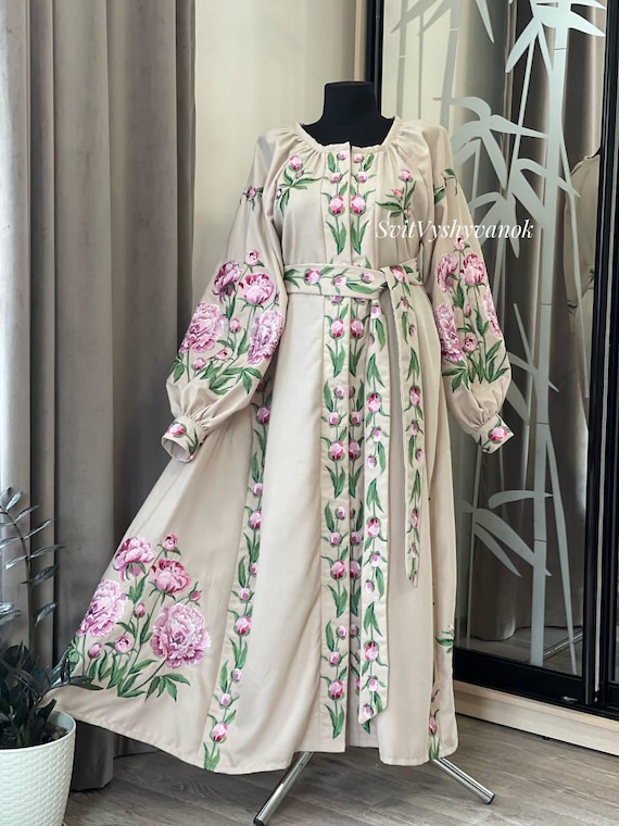 Ukrainian Embroidered Cotton Dress with Belt Beige Maxi Dress with Pink Floral Embroidery Boho Folk Wedding Outfit Decorative Waist Belt Set