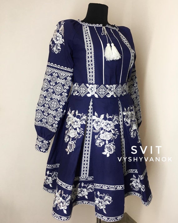 Embroidered Geometric Floral Linen Dress,ukrainian Dress,gift for Wife,boho  Dress,bright Emroidrey,traditional Clothing,european Dress Gift