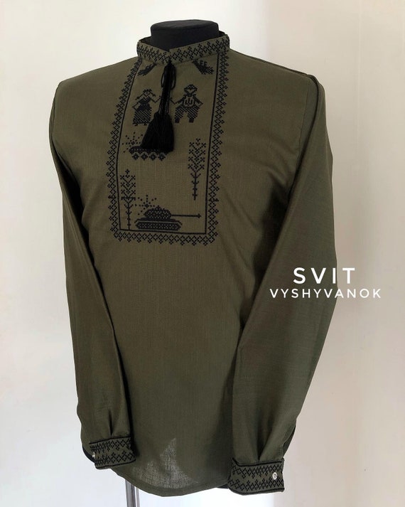 Zelensky's Embroidered Linen Vyshyvanka Shirt: Khaki Military