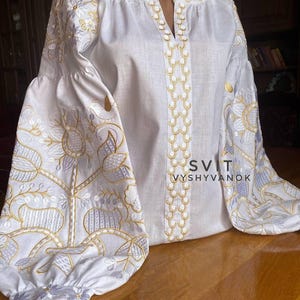 Embroidered Blouse with White and Gold Thread Detailing, bright blouse White blouse Flower shirt Clothing Boho,linen wear, gift for her