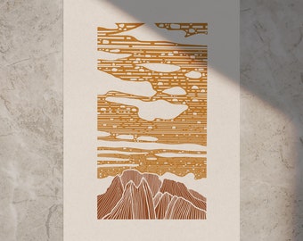 Paysage 'CLOUDS OVER SUMMITS' (2024) • Style linoprint, édition ouverte, art paysager, différentes couleurs et tailles