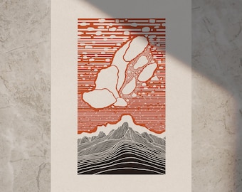 Paysage 'CLOUD OVER MOUNTAIN RANGE' (2024) • Style linoprint, édition ouverte, art paysager, différentes couleurs et tailles