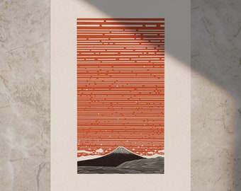 Paysage 'MOUNT FUJI' (2024) • Style linoprint, édition ouverte, art du paysage, différentes couleurs et tailles