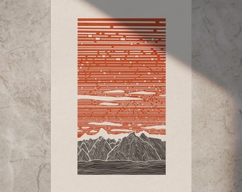 Paysage 'MOUNTAIN PEAKS OVER FOG' (2024) • Style linoprint, édition ouverte, art paysager, différentes couleurs et tailles