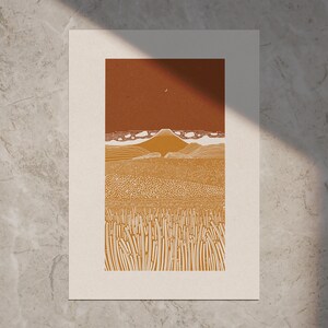 Paysage 'FUJI BY NIGHT' 2024 Style linoprint, édition ouverte, art paysager, différentes couleurs et tailles Orange