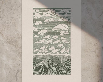 Paysage 'HILLS AND CLOUDY SKIES' (2024) • Style linoprint, édition ouverte, art paysager, différentes couleurs et tailles