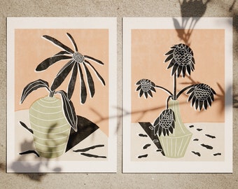 Flowers in Vintage Vases (Set of 2) • Linocut art prints in various color combinations