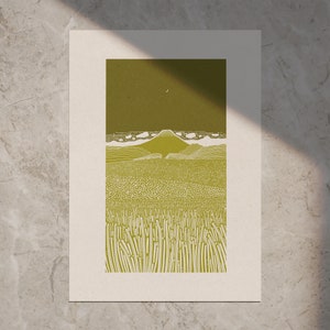 Paysage 'FUJI BY NIGHT' 2024 Style linoprint, édition ouverte, art paysager, différentes couleurs et tailles Vert