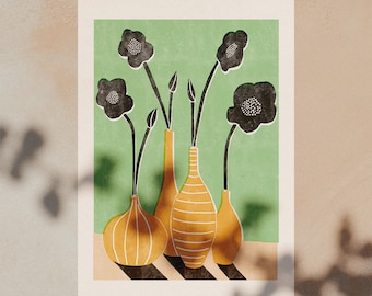 Spring Flowers in Vintage Vases • Linocut art print in various color combinations