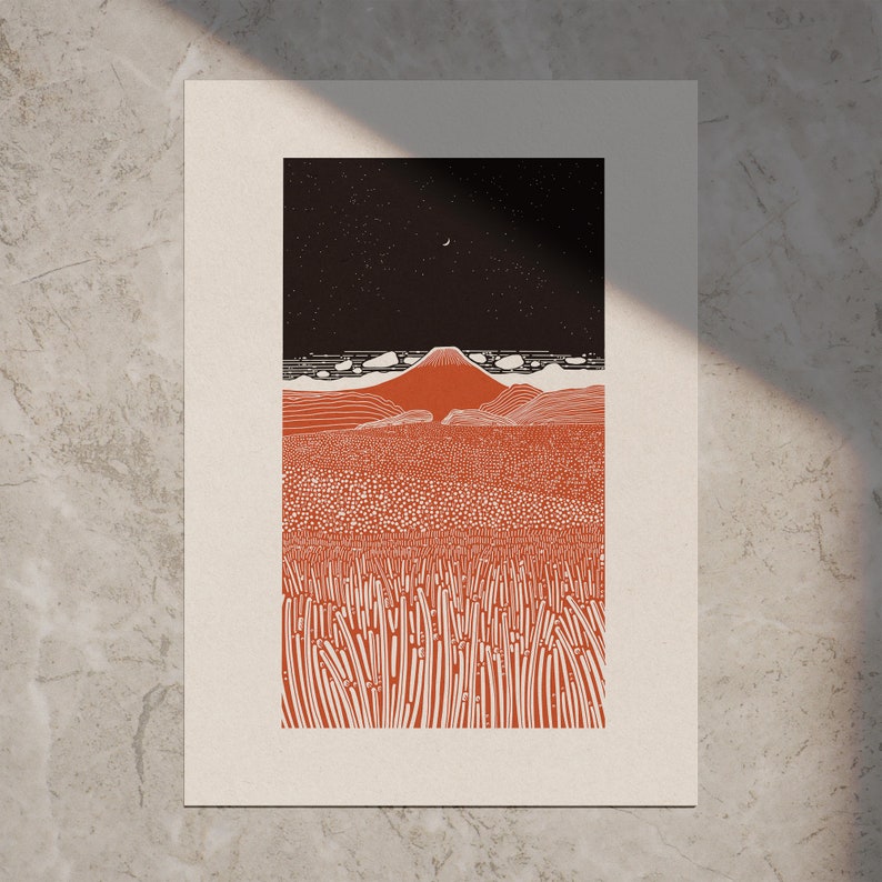 Paysage 'FUJI BY NIGHT' 2024 Style linoprint, édition ouverte, art paysager, différentes couleurs et tailles Rot-Schwarz