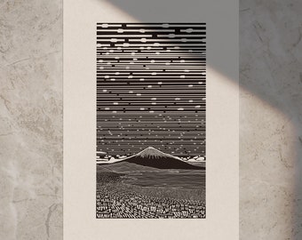 Paysage 'FUJI AND BEACH' (2024) • Style linoprint, édition ouverte, art paysager, différentes couleurs et tailles