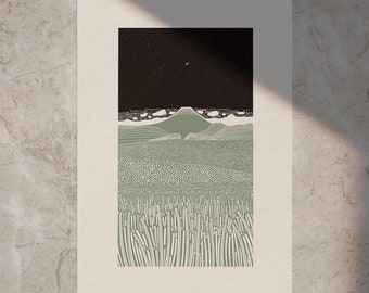 Paysage 'FUJI BY NIGHT' (2024) • Style linoprint, édition ouverte, art paysager, différentes couleurs et tailles