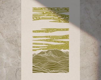 Paysage 'SUMMIT LANDSCAPE' (2024) • Style linoprint, édition ouverte, art paysager, différentes couleurs et tailles