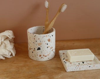 Set da bagno in terrazzo arancione, blu turchese, pesca e grigio antracite I portasapone e vaso I Vaso per piante